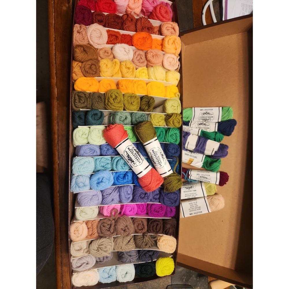 Vtg Needlepoint Yarn 115+ Skeins 100% Wool Elsa Williams Assorted Colors Boxed